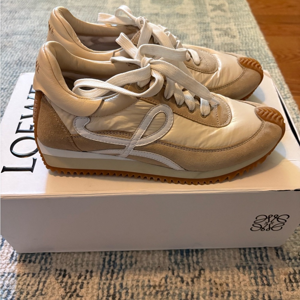 Loewe White and Tan Lace-Up Sneakers